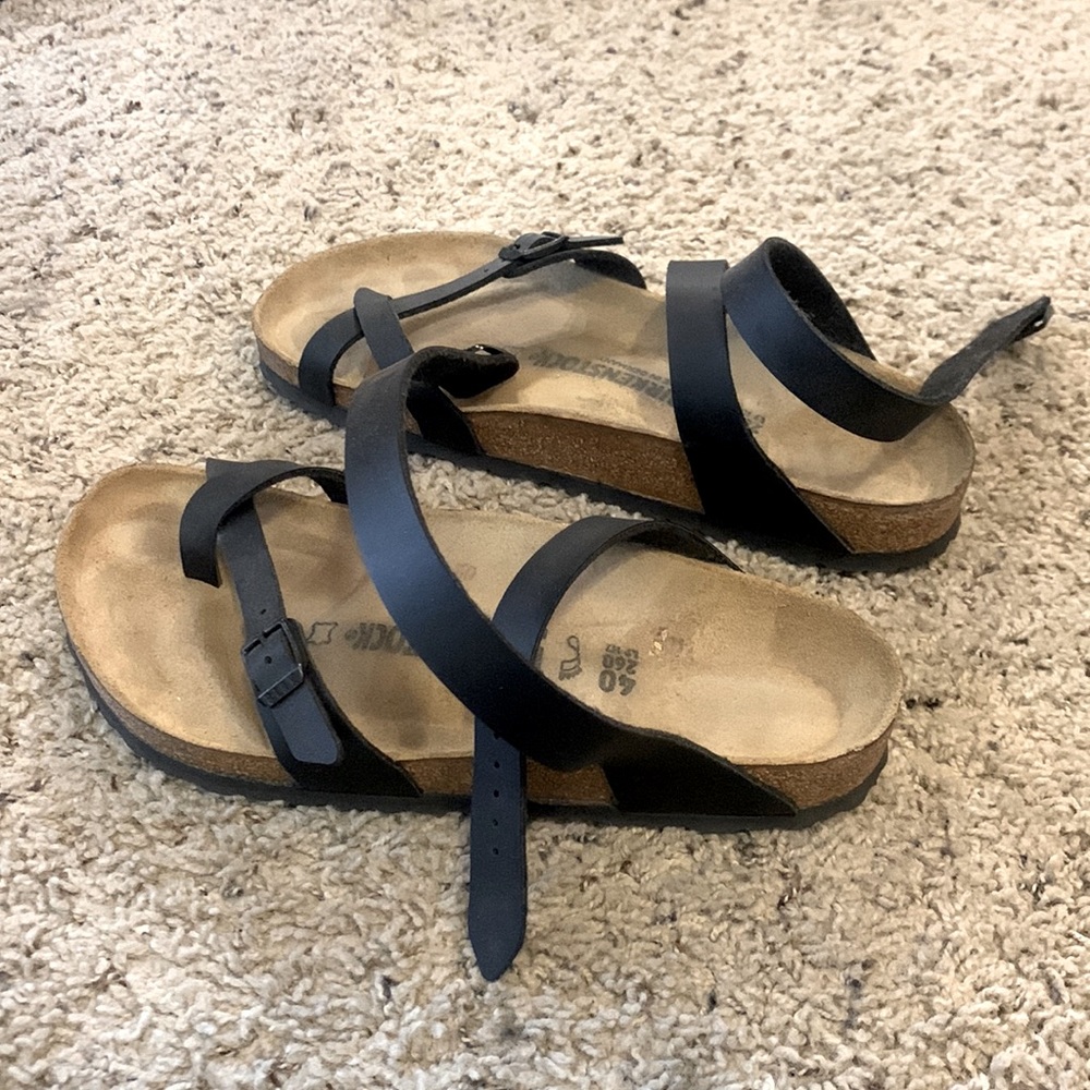 Black Strappy Cork Footbed Sandals - Women's Comfort Sandal - Picture 3 of 5